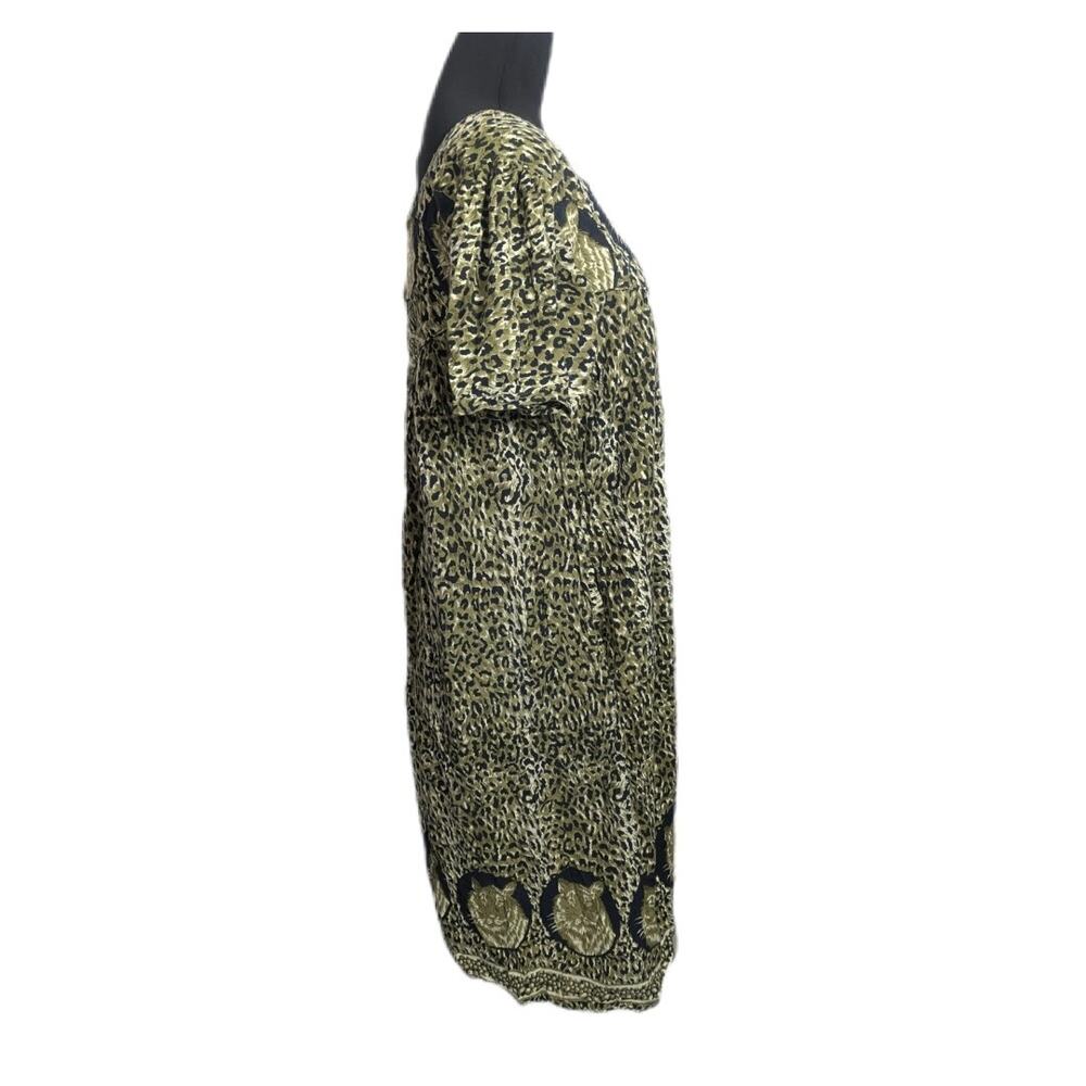Vintage Olive & Black Wild Cat Midi Dress Large Cotton Pockets Retro House View 6